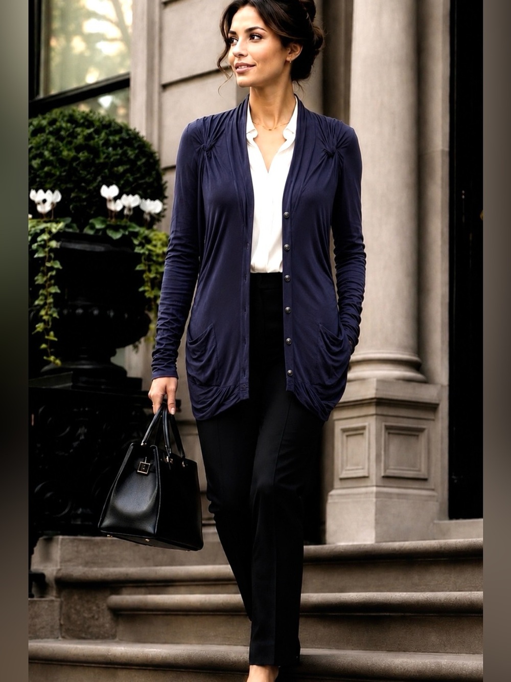 ANTHROPOLOGIE + LEIFSDOTTIR BELTED CARDIGAN S NAVY PREPPY RUCHED SLV POCKETS